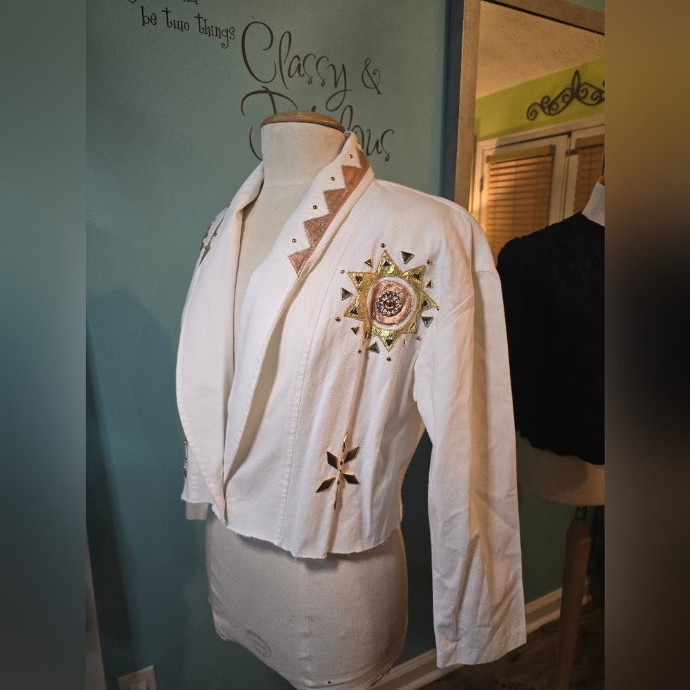 White Embellished Nancy Bolen Upcycled Denim Jacket - Picture 2 of 6